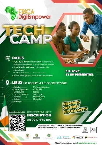 Visuel Tech Camp organisé par Africa Digiempower en partenariat avec Les ministères de la jeunesse, de la digitaisation, de l'emploi. Design by adambita (alias adatheartist)