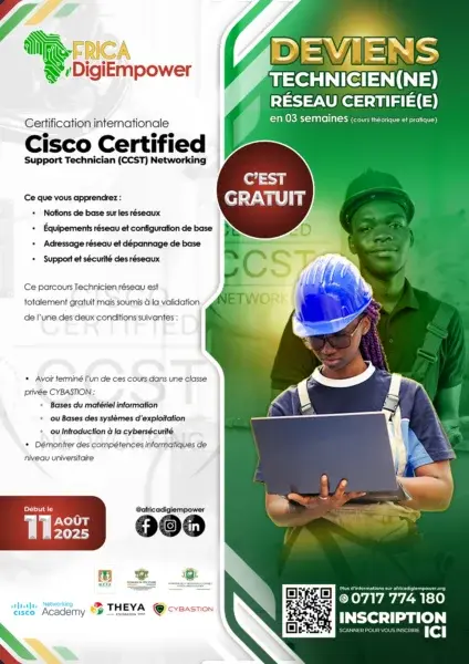 Flyer Certification Cisco CCST GRATUITE pour devenir Technicien Réseaux Certifié organisée par Africa digiempower en partenariat avec NetAcad. Format A4. Design by adambita (alias adatheartist)