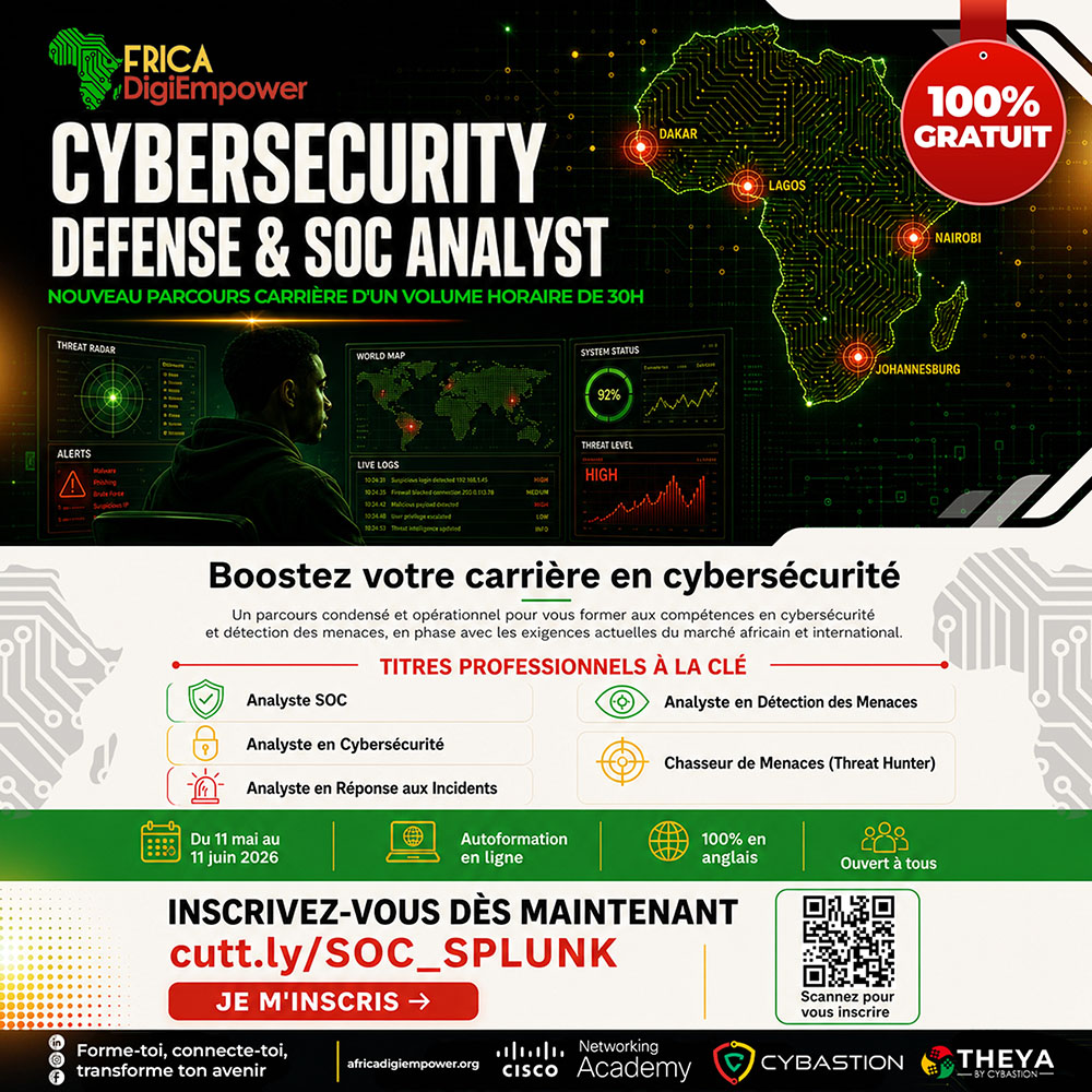 Les métiers en cybersécurité font partie des plus demandés au monde. Et aujourd’hui… tu peux te former gratuitement. Africa DigiEmpower te propose un parcours intensif de 30h pour entrer dans ce domaine. 🎓 Certification Cisco 🌍 Niveau international 💻 100% en ligne ⏳ Ne rate pas cette opportunité 👉 cutt.ly/SOC_SPLUNK 💬 Qui veut se lancer en cybersécurité ?