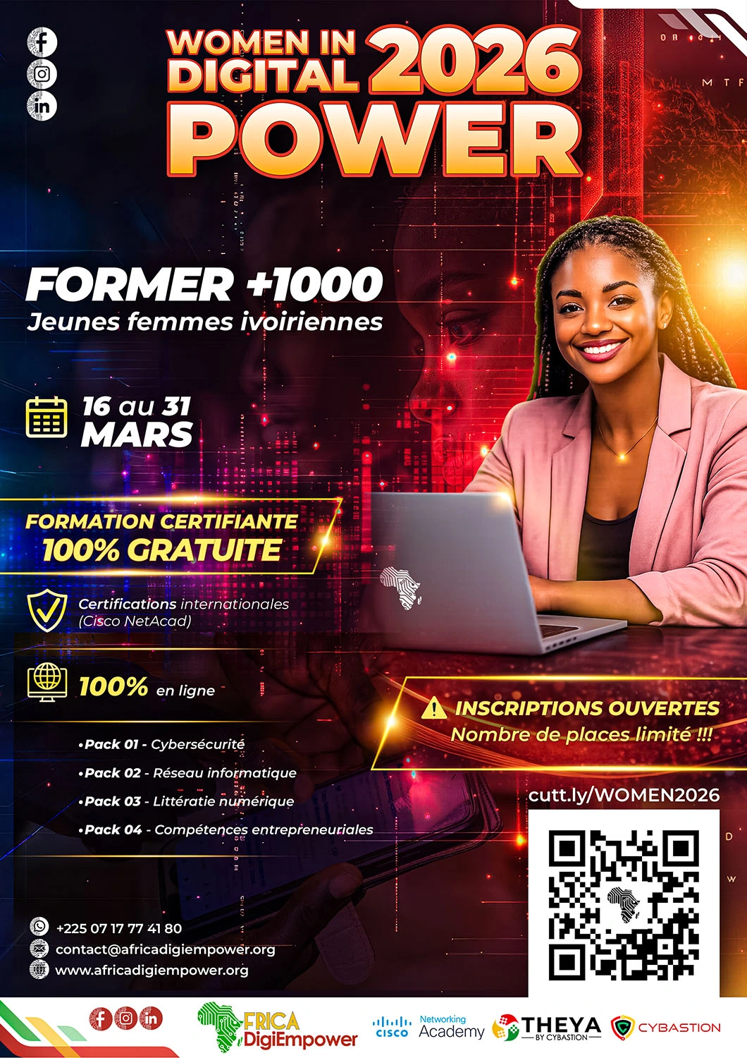 Formation certifiante gratuite Women in Digital 16–31 mars pour +1000 jeunes femmes ivoiriennes — inscriptions ouvertes. il s'agit d'un programme de formation Africa digiempower de THEYA by Cybastion. flyer design adambita237 (alias adatheartist)
