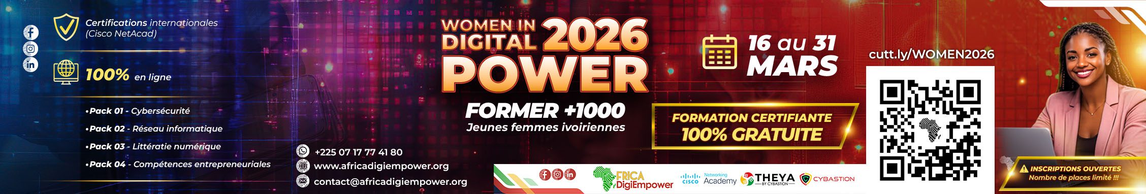 Formation certifiante gratuite Women in Digital 16–31 mars pour +1000 jeunes femmes ivoiriennes — inscriptions ouvertes. il s'agit d'un programme de formation Africa digiempower de THEYA by Cybastion. flyer design adambita237 (alias adatheartist)