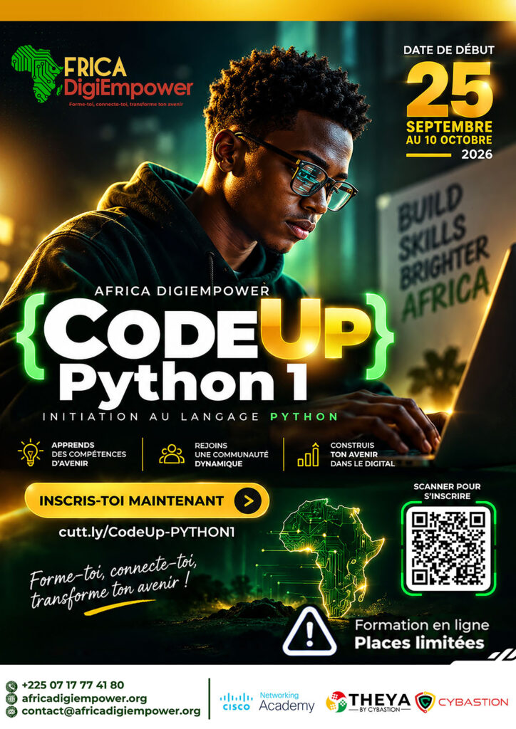 Visuel code up python 1 2026 e 000-Africa DigiEmpower formations gratuites pour les jeunes. design by adambita237